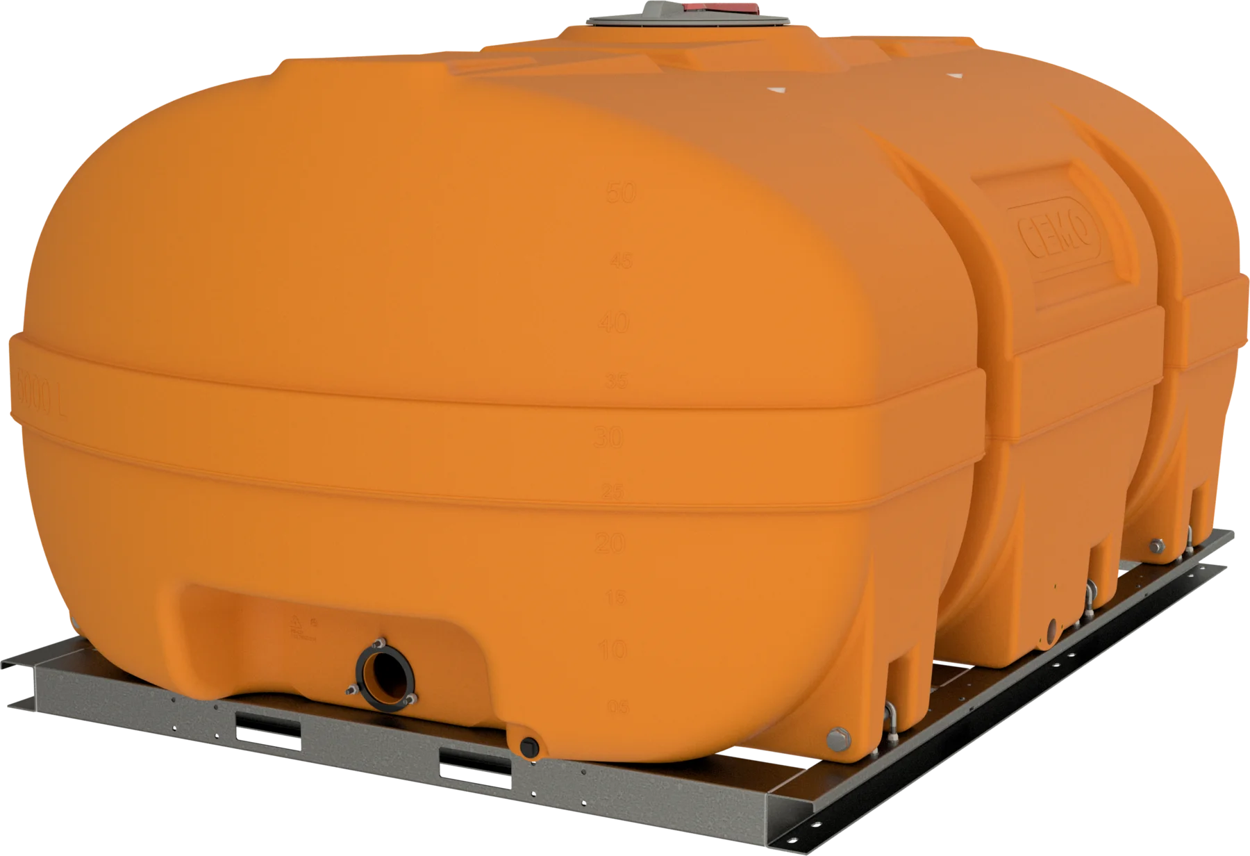 CEMO PE trunk-shaped drum, 5000 L, orange, with lockable lid, dome centre: 380 mm, steel base frame